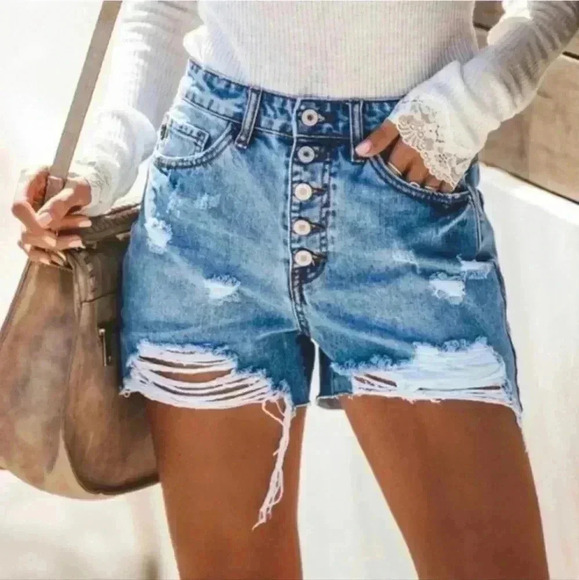 KanCan High Waisted Rise Distressed Denim Cut Off Jean Shorts Size 13 - Picture 1 of 6